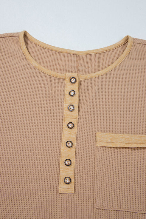 Color Block Waffle Textured Tunic Henley Top with Slits